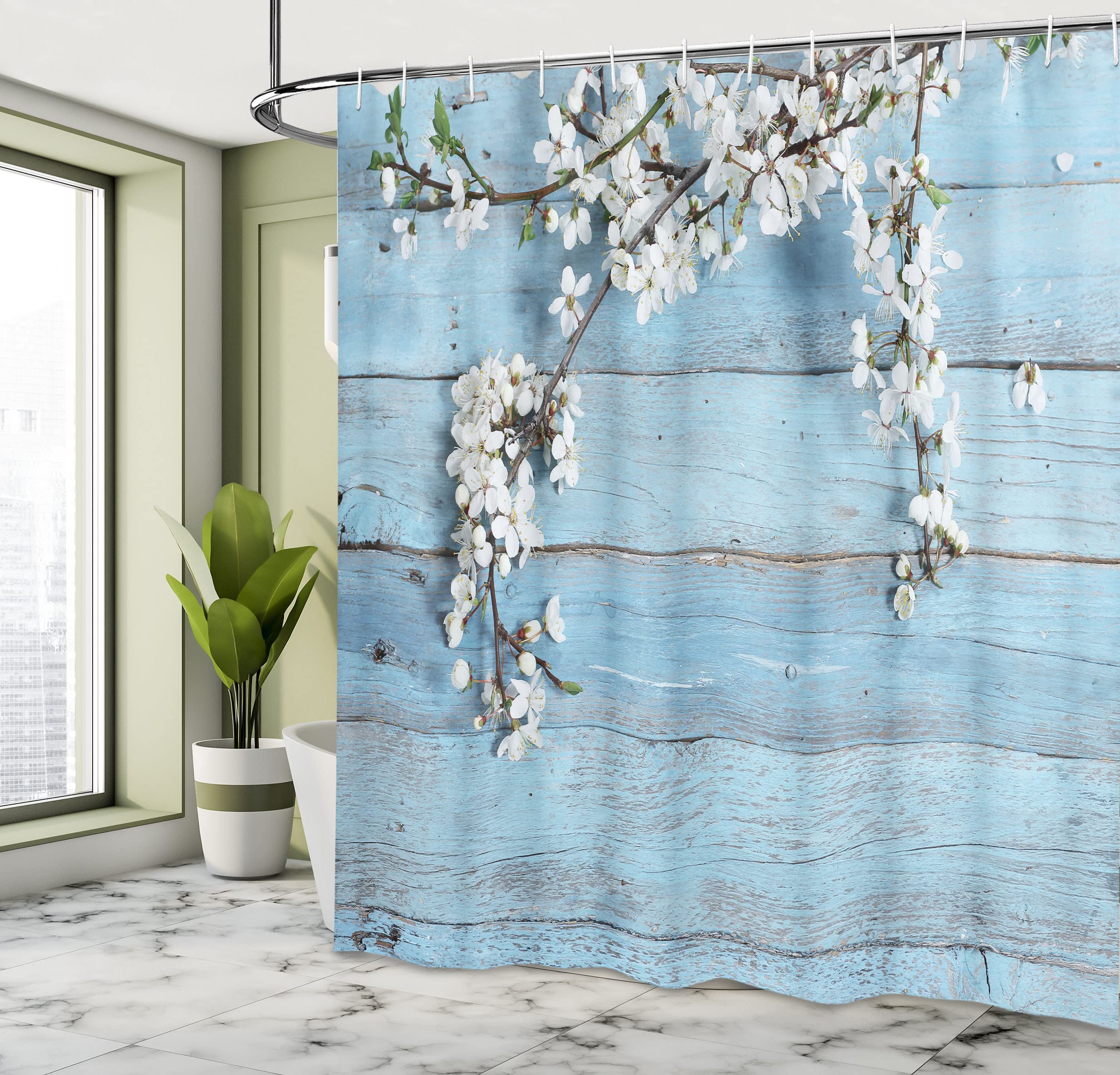 Ambesonne Rustic Shower Curtain, Branch Blooming Warm Season Flowers On Wooden Fragility Of Spring, Cloth Fabric Bathroom Decor